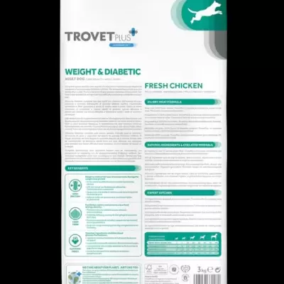 Saco de ração para cães TROVET PLUS Weight & Diabetic 3 kg branco com texto e informações na parte traseira