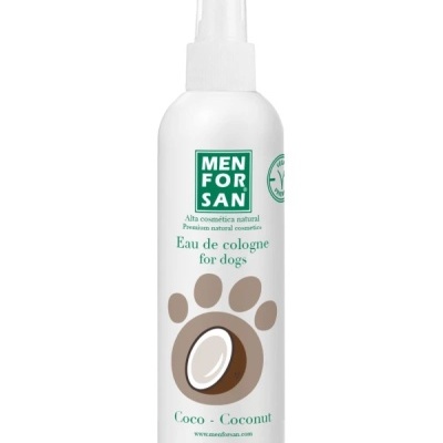 Frasco branco de spray para cães com fragrância de coco