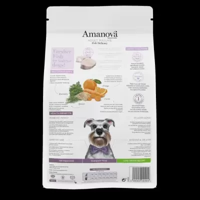 Embalagem de ração Amanova para cães sabor peixe fresco com imagem de cão e ingredientes naturais