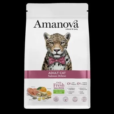 Saco de ração Amanová para gatos adultos com imagem de leopardo e ingredientes frescos