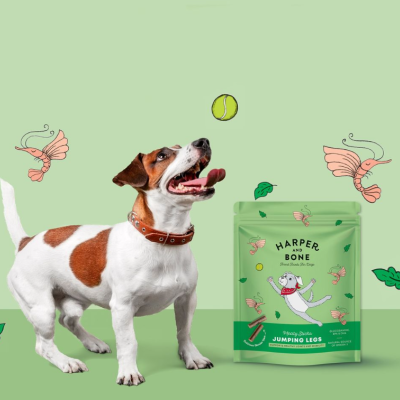 Cão branco com manchas castanhas e saco de snacks para cães verdes com texto HARPER BONE