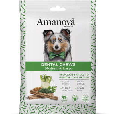 Embalagem branca com padrão verde de snacks dentais Amanova para cães médios e grandes