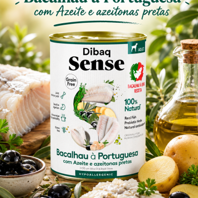 Lata de comida para cão Dibaq Sense bacalhau com azeite e azeitonas pretas