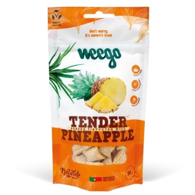 Embalagem de snacks sabor ananás Weego com 50g e design branco e laranja