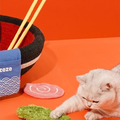 Gato branco a brincar com brinquedo felpudo verde e cesta tricotada preta e vermelha