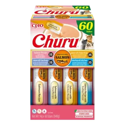 Caixa de petiscos para gatos Churu com diversos sabores e embalagem colorida.
