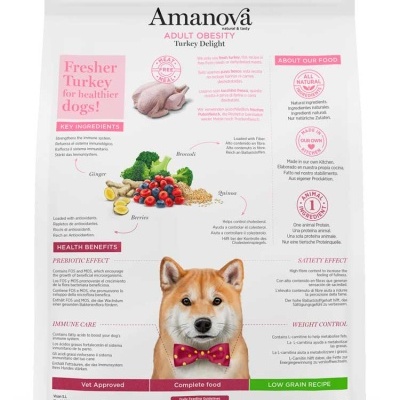 Embalagem branca de ração para cães Amanova Adult Obesity Turkey Delight com texto e imagens de ingredientes naturais