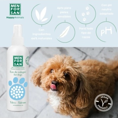 Frasco branco de Eau de Cologne para cães MEN FOR SAN e cão castanho claro com pêlo encaracolado