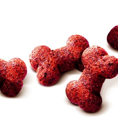 Biscoitos para cães em forma de ossos vermelhos escuros sobre fundo branco