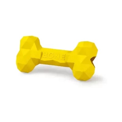 Brinquedo para cães amarelo em formato de osso com textura facetada e palavra BONE