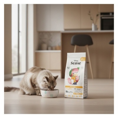 Gato a comer ração ao lado de pacote de ração Dibaq Sense Hairball