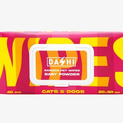 Pacote de lenços húmidos para animais de estimação DASHI na embalagem rosa com letras amarelas