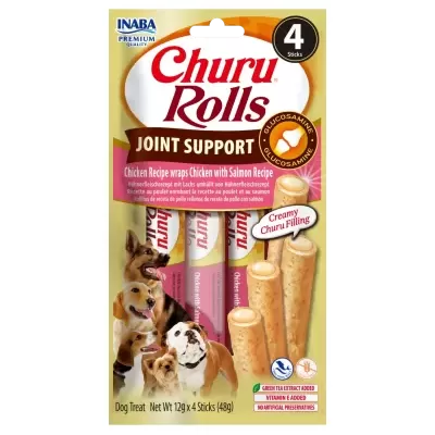 Embalagem de petisco para cães Churu Rolls sabor frango e salmão com glucosamina