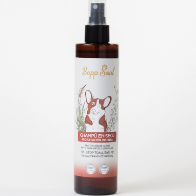Spray de champô em seco Bopp Soul para cães, embalagem castanha com rótulo branco e rosa