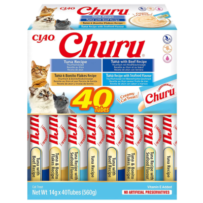 Pacote de petiscos para gatos Ciao Churu com 40 tubos em três variedades de sabor