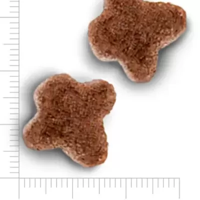 Pedaços de ração castanha em forma de estrela com textura granulada