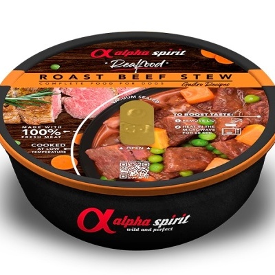 Tigela de comida húmida para cães Alpha Spirit Roast Beef Stew com imagem de estufado de carne