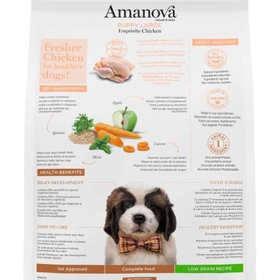 Embalagem de ração para cães Amánova Puppy Large Exquisite Chicken com imagem de cão e ingredientes frescos