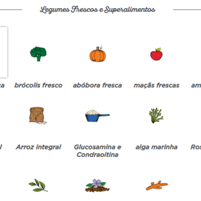 Ilustrações de legumes frescos e superalimentos com nomes em português.
