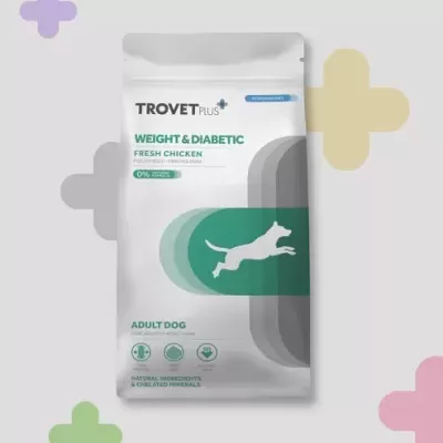 Pacote de ração TROVET PLUS para cão adulto, peso e diabetes com frango fresco