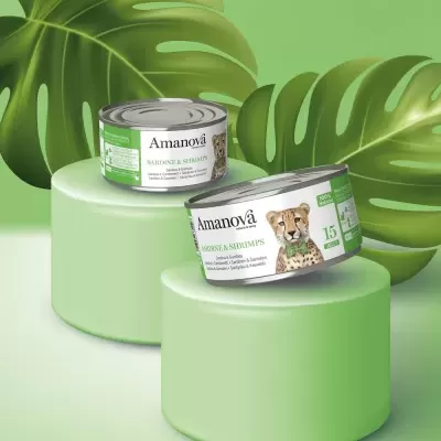 Duas latas de comida Amanová para cães sabor Sardinha e Camarão com fundo verde e folhas de monstera