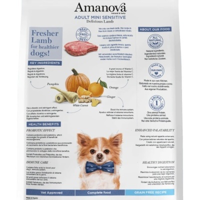 Saco de ração Amnova Adult Mini Sensitive para cães com imagem de cão pequeno e lista de ingredientes e benefícios