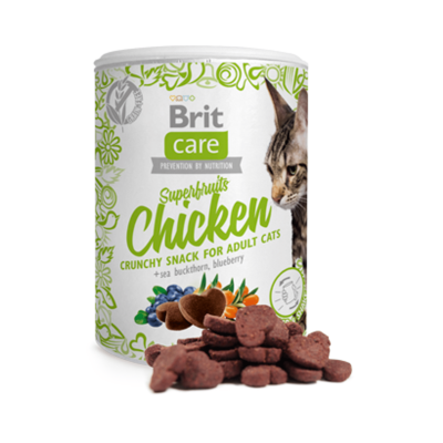 Frasco branco de snacks crocantes para gatos Brit Care sabor Chicken com superfrutas