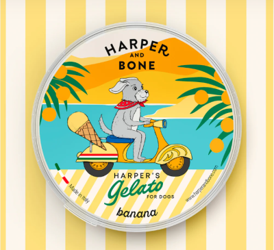Embalagem de gelado para cães com design alegre mostrando cão em scooter e texto informativo