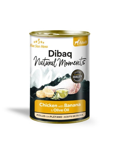 Lata de comida para cães DIBAQ Natural Moments com frango, banana e azeite de oliva