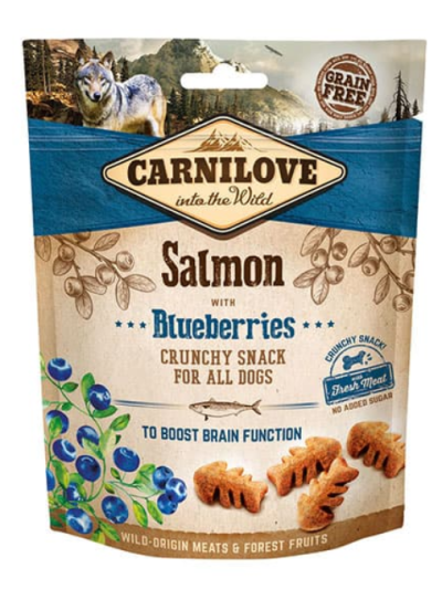 Pacote de snacks crocantes para cães Carnilove com salmão e mirtilos