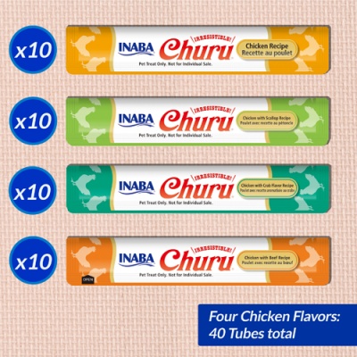 Quatro pacotes de tubos de petiscos para animais INABA Churu em quatro sabores diferentes