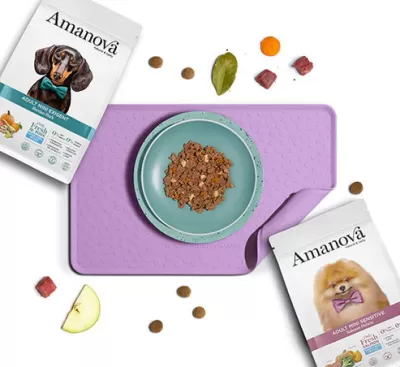 Pacotes de comida para cães Amanova, tacho azul com comida húmida, tapete roxo antiderrapante e pedaços de ingredientes sobre fundo branco.