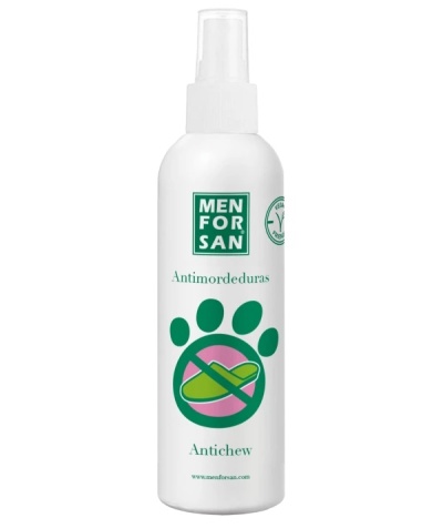 Spray anti-mordeduras Menforsan com tampa branca e imagem de pata e sapato proibido