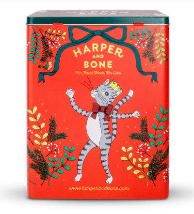 Lata vermelha decorada para comida de gatos com desenho e texto