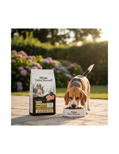Comida para cães Dibaq Natural Moments Mediterraneum Adult 12kg com cão a comer ao ar livre
