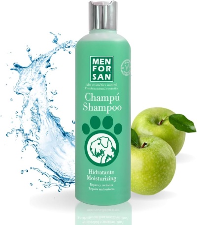 Frasco verde de champô hidratante para cães MEN FOR SAN com maçãs verdes e splash de água