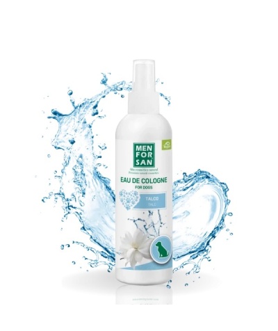 Frasco branco de spray Eau de Cologne para cães com rótulo verde e branco e respingos de água azul atrás