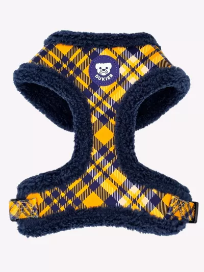 arnés para cão amarelo e azul xadrez com tecido felpudo