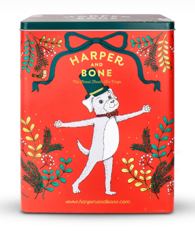 Lata vermelha para comida de cães com ilustração de cão e decoração colorida