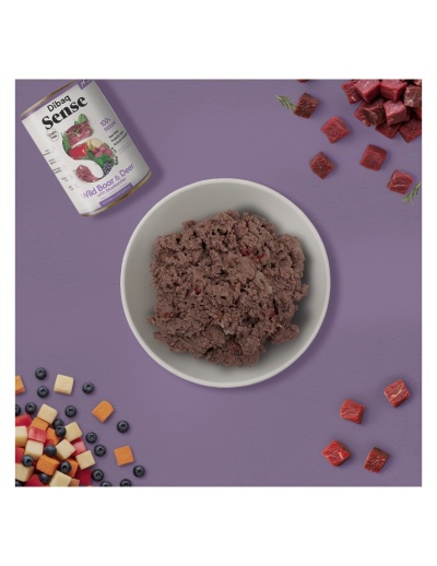 Lata de comida húmida para animais Dibaq Sense Wild Boar & Deer com arandos sobre fundo lilás