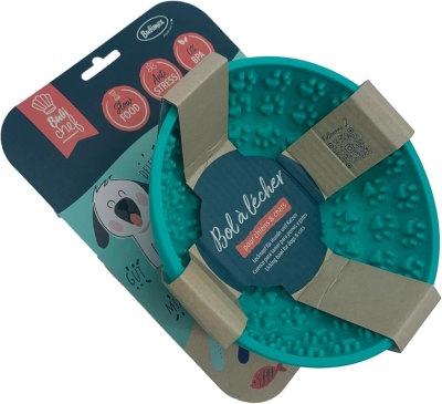 Taça de alimentação azul turquesa com textura e embalagem para cães e gatos.