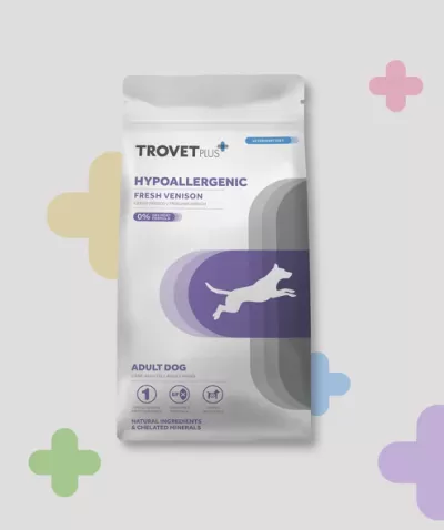 Embalagem de ração para cães trovet plus normalmente branca com detalhes roxos e cinza