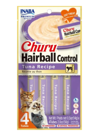 Pacote de alimento húmido para gatos Churu Hairball Control, receita de atum, com 4 tubos