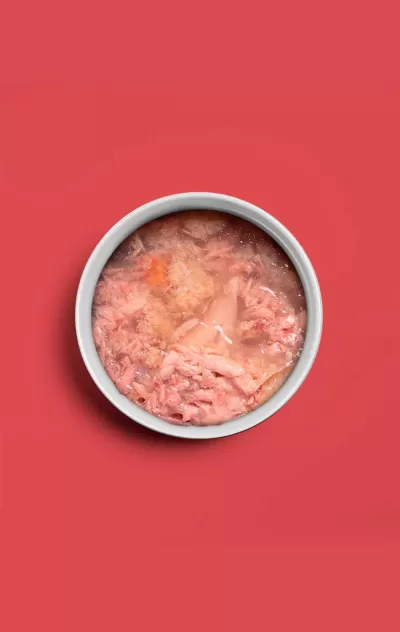 Lata aberta de comida húmida em gelatina sobre fundo vermelho