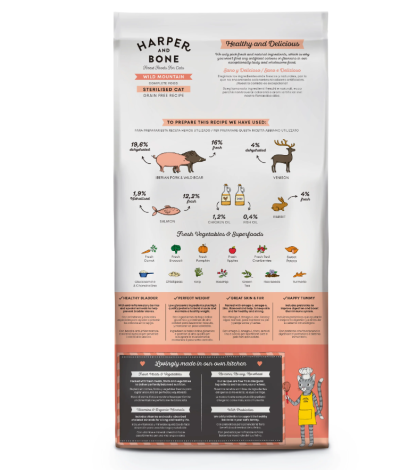 Embalagem de comida para gatos Harper and Bone Wild Mountain esterilizados com ingredientes e valores nutricionais