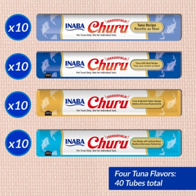 Quatro conjuntos de tubos de petiscos para animais INABA Churu em diferentes cores e sabores