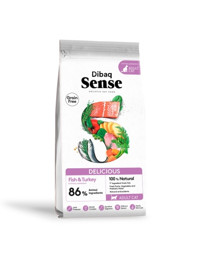 Embalagem branca de ração para gato com ingredientes naturais na forma da letra S e texto informativo
