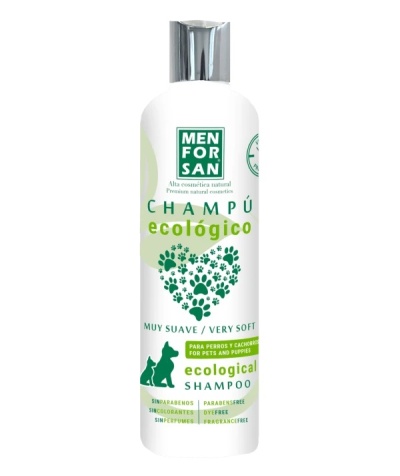 Frasco branco de champô ecológico para cães da Menforsan com tampa prateada