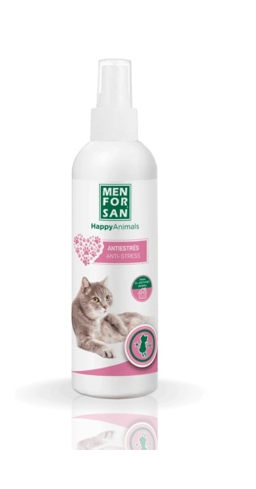 Frasco branco spray anti-stress para gato da MEN FOR SAN com imagem de gato cinzento