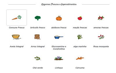 Ícones coloridos de alimentos frescos e superalimentos com texto em português